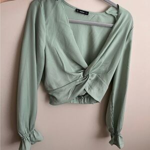 SHEIN Green Puff Sleeve Crop Blouse